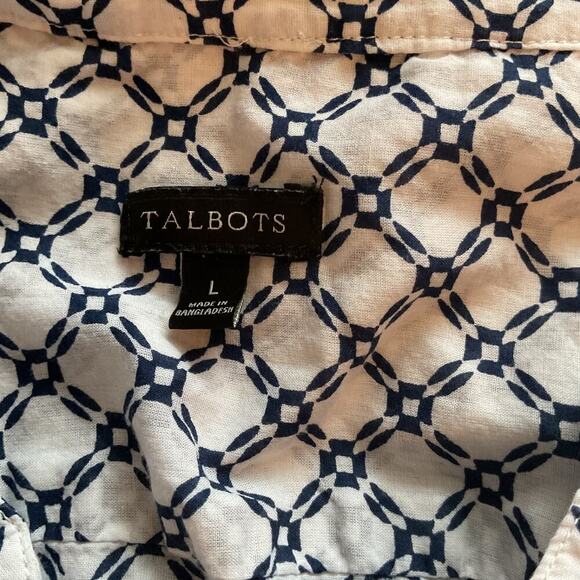 Talbots Navy/White Geometric 3/4 Sleeve Pin Tuck Pleating 100% Cotton Blouse L - Picture 4 of 6